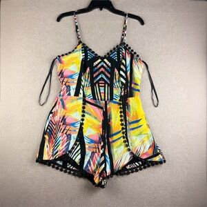 Material Girl Women’s Romper L Tribal Print‎ Pom Trim Sultry Summer Festival